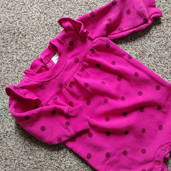 Cute Cozy Sweatshirt Footless Sleep & Play | Ruffle Pink Polka Dot | 9M - Picture 1 of 3
